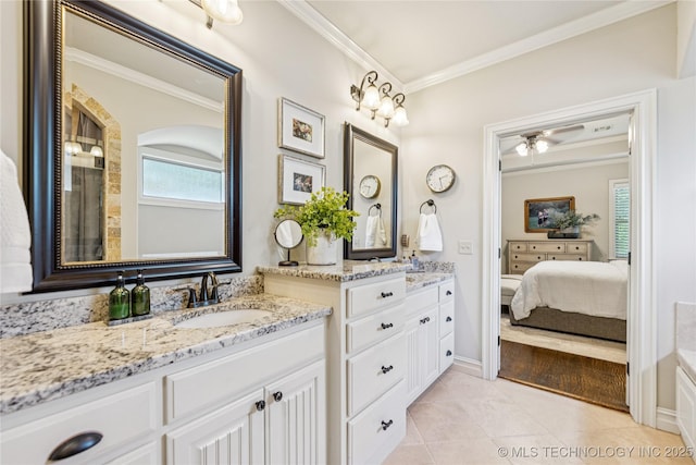 11029 S Kennedy St, Jenks, OK 74037 - ensuite bathroom featuring ornamental molding, vanity, plenty of natural light, and ceiling fan