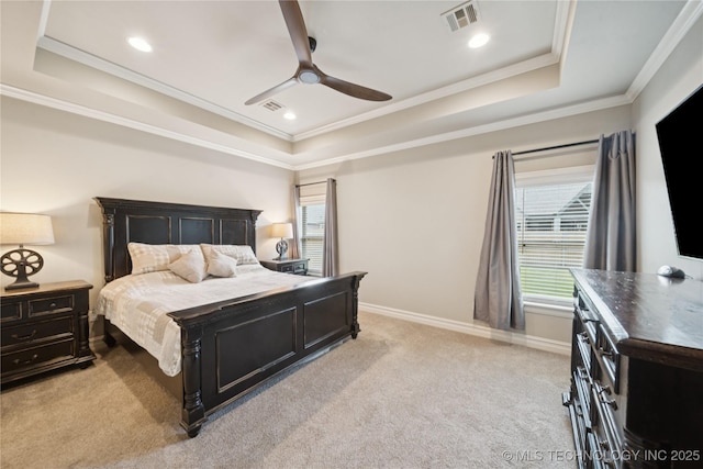 5906 E 126th Pl S, Bixby, OK 74008 - bedroom featuring a tray ceiling, light colored carpet, ornamental molding, a ceiling fan, and recessed lighting