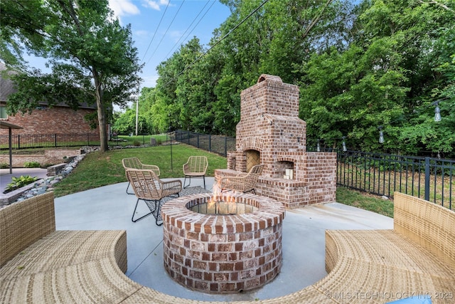 12511 S 18th Cir E, Jenks, OK 74037 - view of patio / terrace featuring an outdoor brick fireplace and view of scattered trees