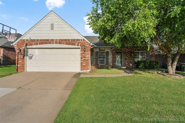 12522 S Cedar Ave, Jenks, OK 74037 - view of front of home featuring brick siding, a front lawn, concrete driveway, and an attached garage