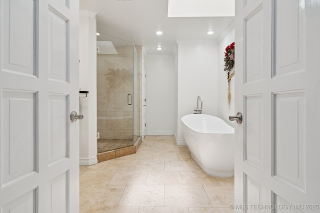 8120 E 112th St, Owasso, OK 74055 - bathroom with a freestanding tub, a shower stall, recessed lighting, and crown molding