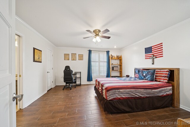8120 E 112th St, Owasso, OK 74055 - bedroom featuring wood finished floors, ornamental molding, and ceiling fan