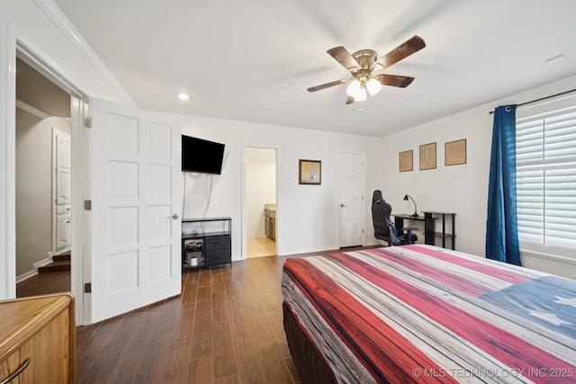 8120 E 112th St, Owasso, OK 74055 - bedroom with dark wood-style floors, recessed lighting, crown molding, ceiling fan, and ensuite bathroom