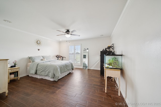 8120 E 112th St, Owasso, OK 74055 - bedroom with ornamental molding, dark wood finished floors, and a ceiling fan