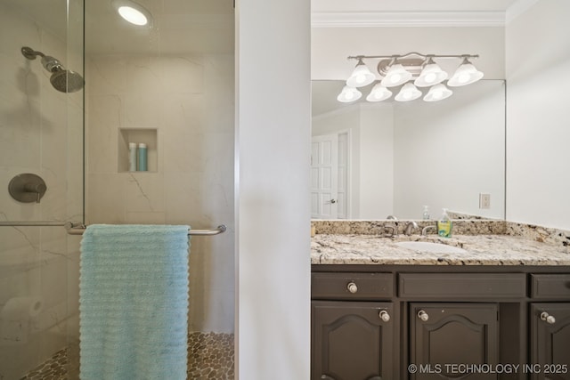 8120 E 112th St, Owasso, OK 74055 - bathroom featuring ornamental molding, a stall shower, and vanity