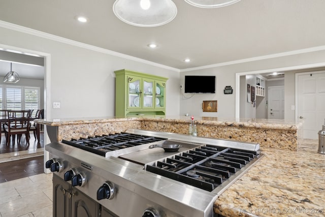 8120 E 112th St, Owasso, OK 74055 - kitchen featuring stainless steel gas stovetop, recessed lighting, ornamental molding, and light stone countertops