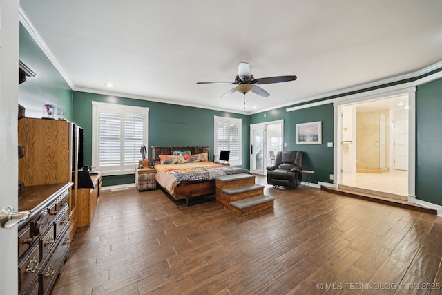 8120 E 112th St, Owasso, OK 74055 - bedroom featuring crown molding, dark wood-style floors, a ceiling fan, and ensuite bathroom