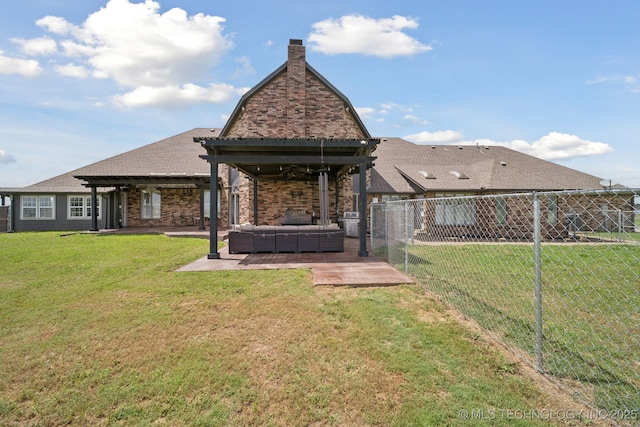 8120 E 112th St, Owasso, OK 74055 - back of property featuring outdoor lounge area, a patio, a fenced backyard, a chimney, and brick siding