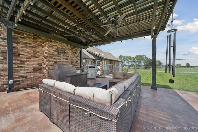 8120 E 112th St, Owasso, OK 74055 - view of patio / terrace with an outdoor living space, a grill, and ceiling fan