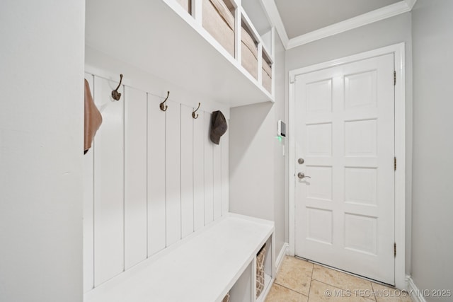 8120 E 112th St, Owasso, OK 74055 - mudroom featuring ornamental molding and light tile patterned floors