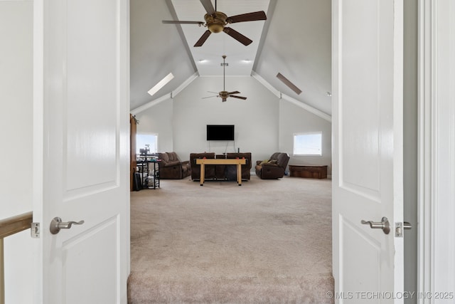 8120 E 112th St, Owasso, OK 74055 - living area with ceiling fan, carpet, and lofted ceiling