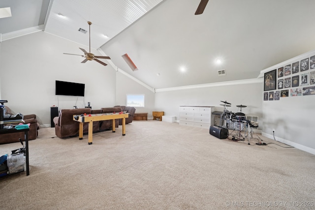 8120 E 112th St, Owasso, OK 74055 - playroom featuring a ceiling fan, carpet floors, ornamental molding, and high vaulted ceiling