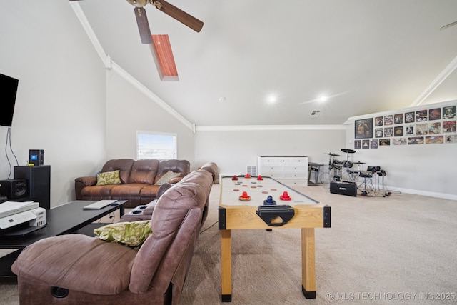 8120 E 112th St, Owasso, OK 74055 - living room featuring ornamental molding, a ceiling fan, carpet, and vaulted ceiling