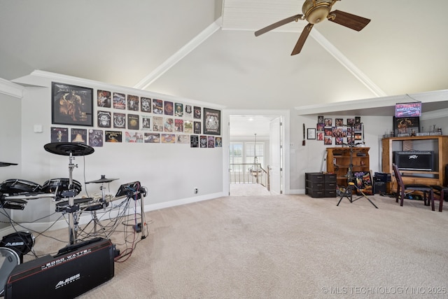 8120 E 112th St, Owasso, OK 74055 - recreation room featuring ceiling fan, carpet floors, high vaulted ceiling, and crown molding