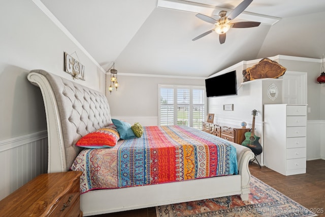 8120 E 112th St, Owasso, OK 74055 - bedroom featuring lofted ceiling, wood finished floors, wainscoting, and ceiling fan