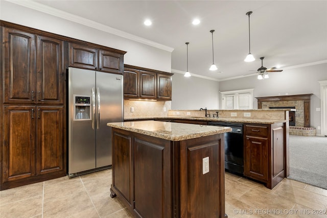 3712 W 107th Ct, Jenks, OK 74037 - kitchen with stainless steel fridge with ice dispenser, dishwasher, a kitchen island, ornamental molding, and ceiling fan