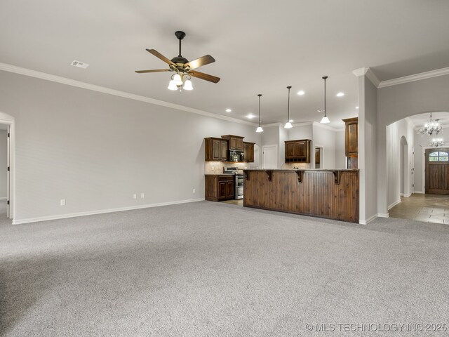 3712 W 107th Ct, Jenks, OK 74037 - unfurnished living room with arched walkways, crown molding, light colored carpet, ceiling fan, and recessed lighting