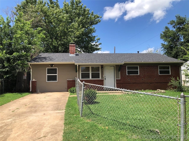 20529 E 4th St, Tulsa, OK 74108 - view of front of house featuring brick siding, concrete driveway, a chimney, and a shingled roof