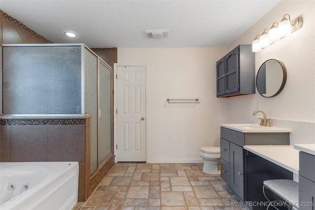 3220 N 3rd Pl, Broken Arrow, OK 74012 - full bathroom with stone finish floors, vanity, a stall shower, and a tub with jets