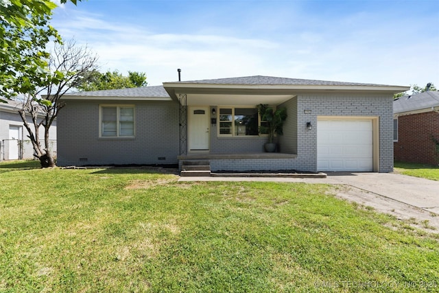 10942 E 4th Pl N, Tulsa, OK 74128 - single story home with an attached garage, brick siding, driveway, covered porch, and a front yard