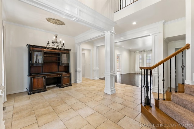 1505 Augusta, Ada, OK 74820 - foyer with decorative columns, a chandelier, stairs, crown molding, and recessed lighting
