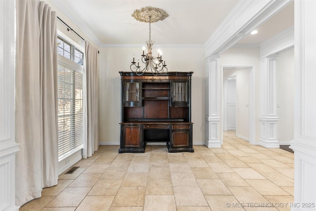 1505 Augusta, Ada, OK 74820 - dining room with ornate columns, a chandelier, and ornamental molding