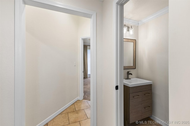1505 Augusta, Ada, OK 74820 - bathroom featuring vanity, ornamental molding, and tile patterned floors