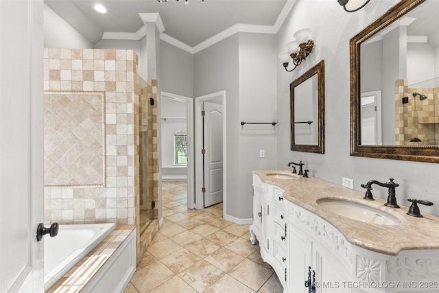 1505 Augusta, Ada, OK 74820 - bathroom with a shower stall, a bath, double vanity, and crown molding