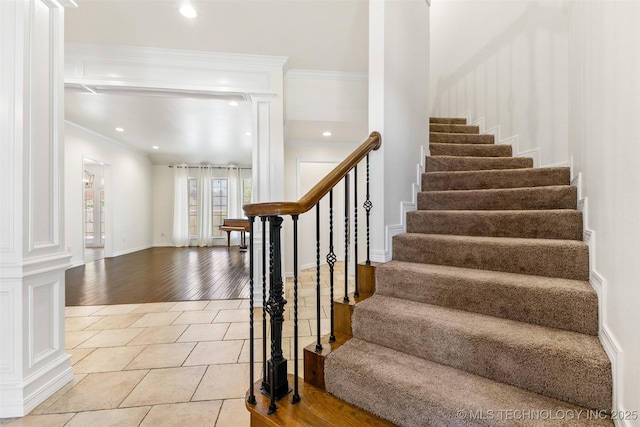 1505 Augusta, Ada, OK 74820 - stairs featuring tile patterned flooring, recessed lighting, and crown molding