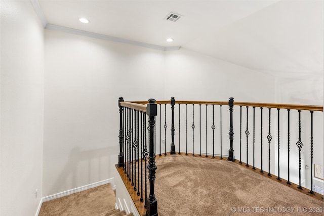 1505 Augusta, Ada, OK 74820 - hallway featuring carpet flooring, recessed lighting, ornamental molding, and lofted ceiling