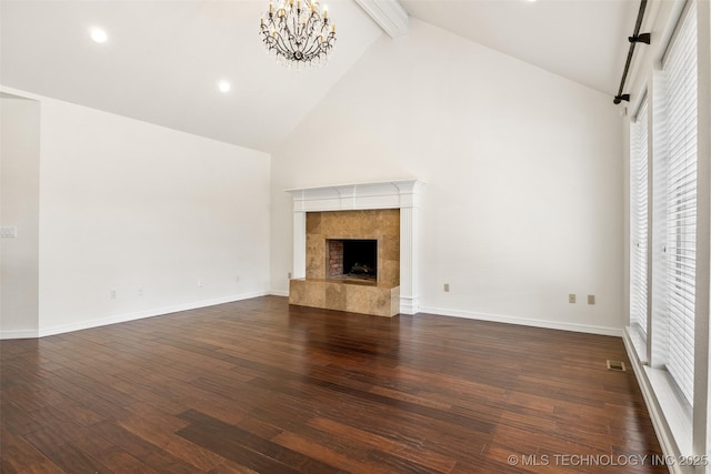 1505 Augusta, Ada, OK 74820 - unfurnished living room featuring high vaulted ceiling, plenty of natural light, a chandelier, beamed ceiling, and dark wood-type flooring