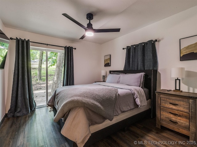 11 Port Duncan, Afton, OK 74331 - bedroom with dark wood-style floors, access to outside, and ceiling fan