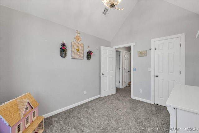 19912 E 36th St S, Broken Arrow, OK 74014 - unfurnished bedroom featuring carpet flooring, high vaulted ceiling, and a chandelier
