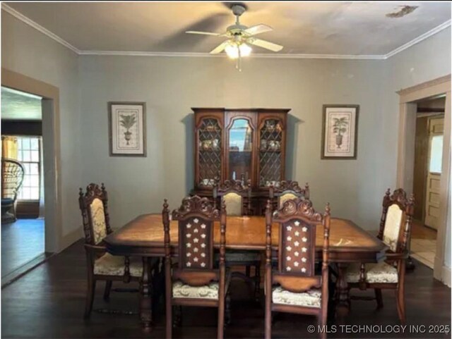 519 N 15th St, Muskogee, OK 74401 - dining area with wood finished floors, healthy amount of natural light, a ceiling fan, and crown molding