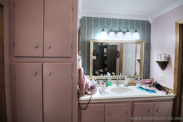 638 W Main St, Caney, OK 74533 - bathroom featuring ornamental molding and vanity
