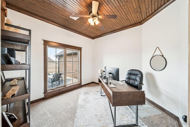 7003 E 88th St N, Owasso, OK 74055 - office space with carpet, crown molding, wooden ceiling, and ceiling fan