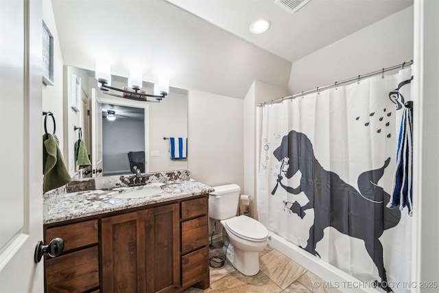 7003 E 88th St N, Owasso, OK 74055 - full bathroom featuring vanity, ceiling fan, a shower with shower curtain, and lofted ceiling