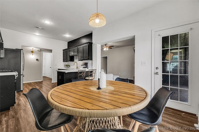 14900 E 88th St N, Owasso, OK 74055 - dining area featuring dark wood finished floors, a ceiling fan, and recessed lighting