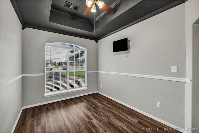 14900 E 88th St N, Owasso, OK 74055 - empty room with crown molding, wood finished floors, a raised ceiling, and ceiling fan