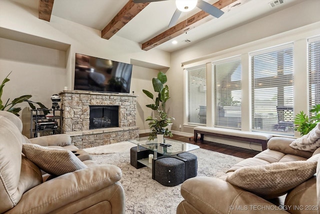 10611 N 159th E Ave, Owasso, OK 74055 - living room featuring beam ceiling, wood finished floors, a fireplace, ceiling fan, and recessed lighting