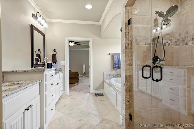 10611 N 159th E Ave, Owasso, OK 74055 - full bath featuring crown molding, vanity, a stall shower, a garden tub, and a ceiling fan