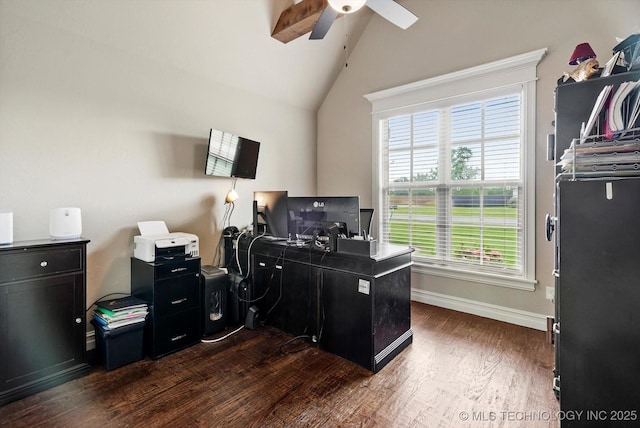 10611 N 159th E Ave, Owasso, OK 74055 - office area featuring ceiling fan, lofted ceiling, and dark wood-type flooring