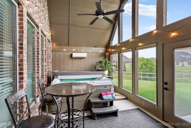 10611 N 159th E Ave, Owasso, OK 74055 - sunroom featuring a wall mounted air conditioner, a ceiling fan, wood walls, and a high ceiling