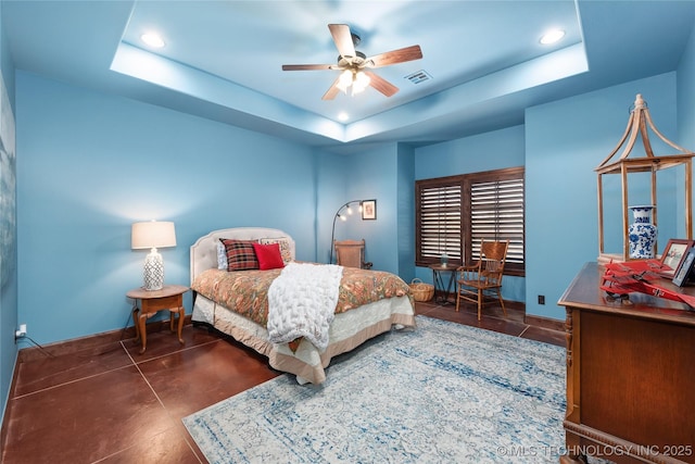 13380 S Garrett St, Sapulpa, OK 74066 - tiled bedroom with a tray ceiling, ceiling fan, and recessed lighting