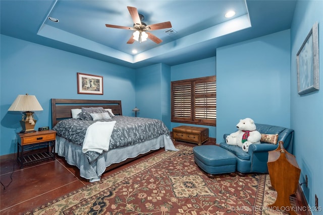 13380 S Garrett St, Sapulpa, OK 74066 - bedroom featuring a tray ceiling, recessed lighting, and ceiling fan