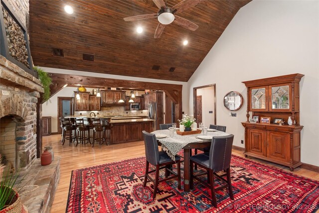 13380 S Garrett St, Sapulpa, OK 74066 - dining area with ceiling fan, high vaulted ceiling, light wood-style floors, wood ceiling, and recessed lighting