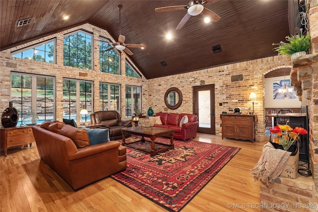 13380 S Garrett St, Sapulpa, OK 74066 - living room with high vaulted ceiling, a ceiling fan, wooden ceiling, and wood finished floors