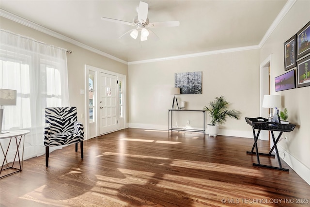 212 S Phoenix Ave, Tulsa, OK 74127 - entrance foyer with ornamental molding, wood finished floors, and a ceiling fan