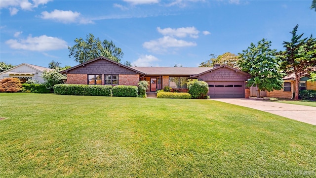 4040 E 46th Pl, Tulsa, OK 74135 - ranch-style house with an attached garage, a front lawn, concrete driveway, and brick siding