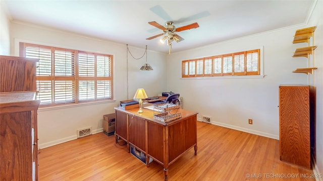 4040 E 46th Pl, Tulsa, OK 74135 - office with healthy amount of natural light, crown molding, light wood finished floors, and a ceiling fan